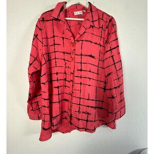 Habitat Womens Red & Black Grid Button-Up Collared Shirt Top Large Lagenlook